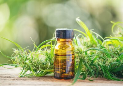 cannabis with cannabidiol (cbd) extract in a shopping cart