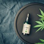 Medical marijuana cannabis products CBD oil and hemp leaves on dark background