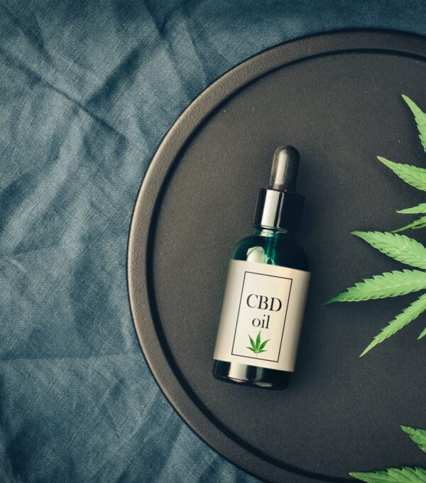Medical marijuana cannabis products CBD oil and hemp leaves on dark background