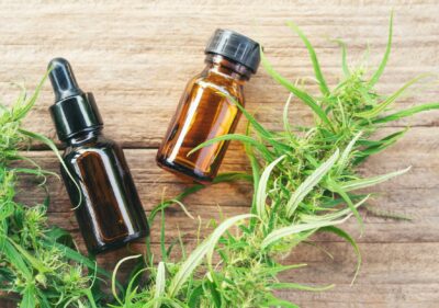 cannabis with cannabidiol (cbd) extract in a shopping cart